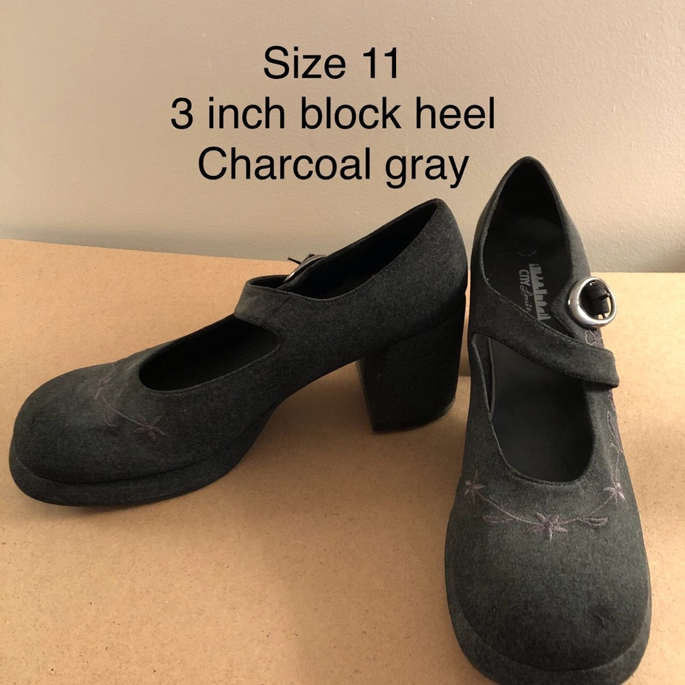 Charcoal Gray Mary Jane Block Heel Shoes